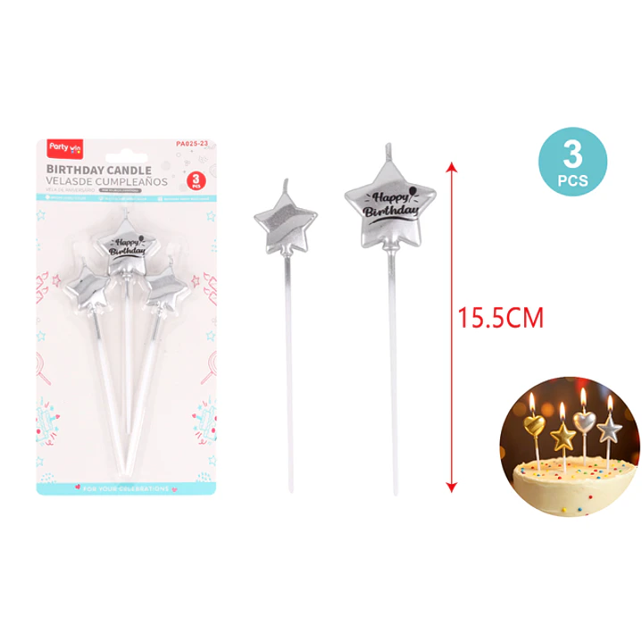 Velas F.Cumple Estrellas Plateado 3 Unidades 1