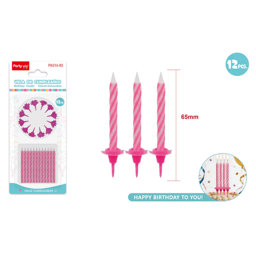 Velas Para Torta Rosado 65Mm 12 Unidades 1
