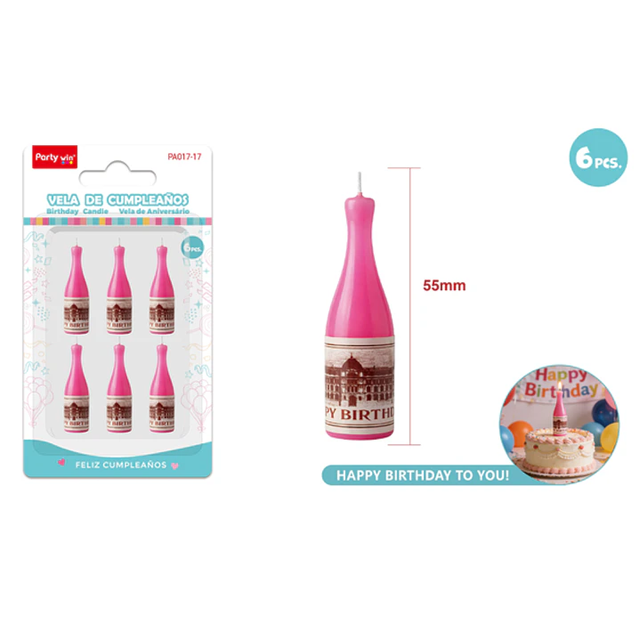 Velas Para Torta Botellas Rosado 55Mm 6 Unidades 1
