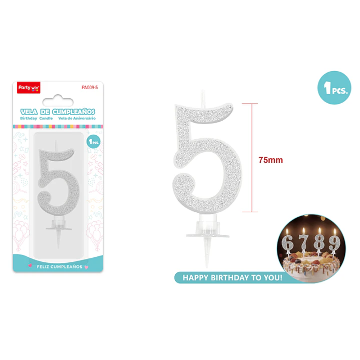 Vela Numero 5 Plateado Glitter 7.5Cm 1