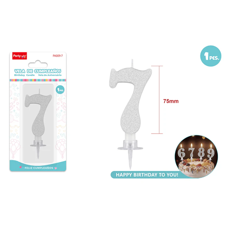 Vela Numero 7 Plateado Glitter 7.5Cm 1