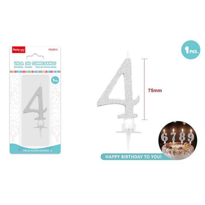 Vela Numero 4 Plateado Glitter 7.5Cm 1