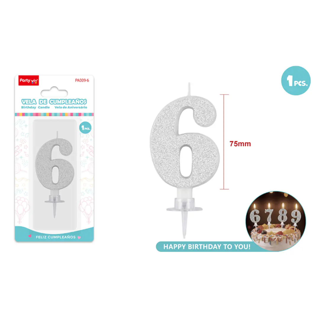 Vela Numero 6 Plateado Glitter 7.5Cm 1
