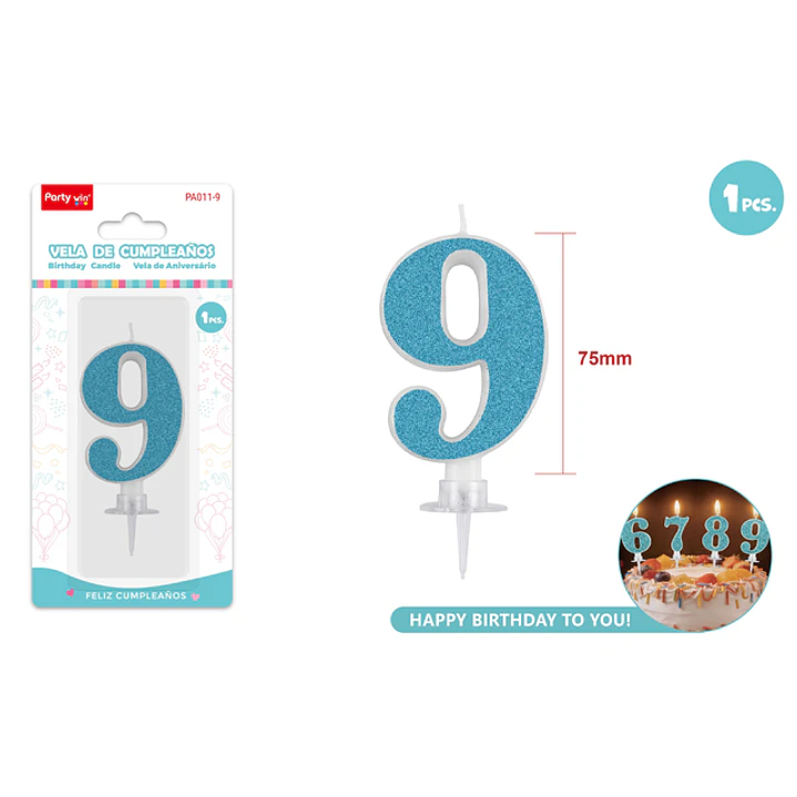 Vela Numero 9 Azul Glitter 7.5Cm 1