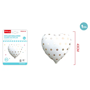 Globo Metalizado Corazon Puntos Blanco Dorado 43Cm