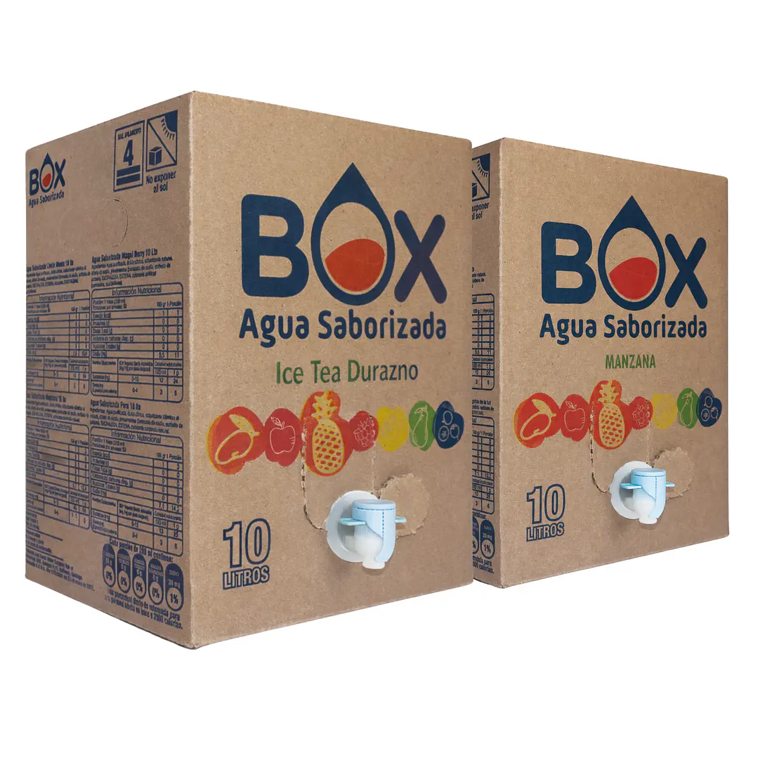 Pack 2 cajas- BOX 10L Ice Tea Durazno y BOX 10L Agua Saborizada 1