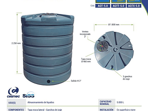 Estanque Polietileno Vertical AQUATANK® 5.000 L (SOLO A PEDIDO) AGUA - QUIMICOS-LODOS-FERTILIZANTES