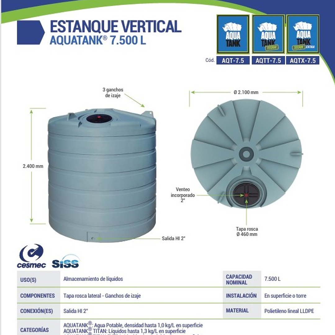 ESTANQUE POLIETILENO VERTICAL  AQUATANK® 7.500 L (EN STOCK A PEDIDO) 1