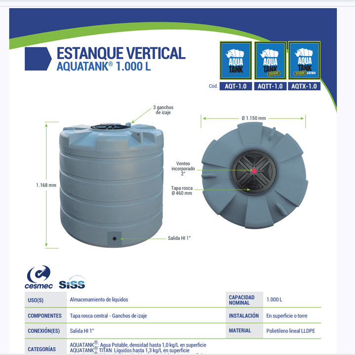 ESTANQUE AQUATANK 1000 LITROS CALIDAD TITAL (SOLO A PEDIDO) CALIDAD TITAN LIQUIDOS 1,2G/L 1