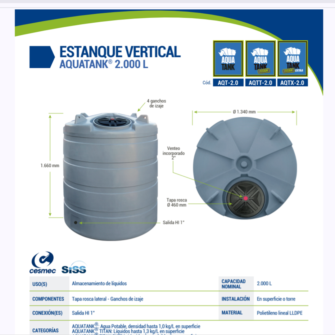 ESTANQUE DE SUPERFICIE AQUATANK 2.000 LITROS (SOLO A PEDIDO) CALIDAD TITAN 1