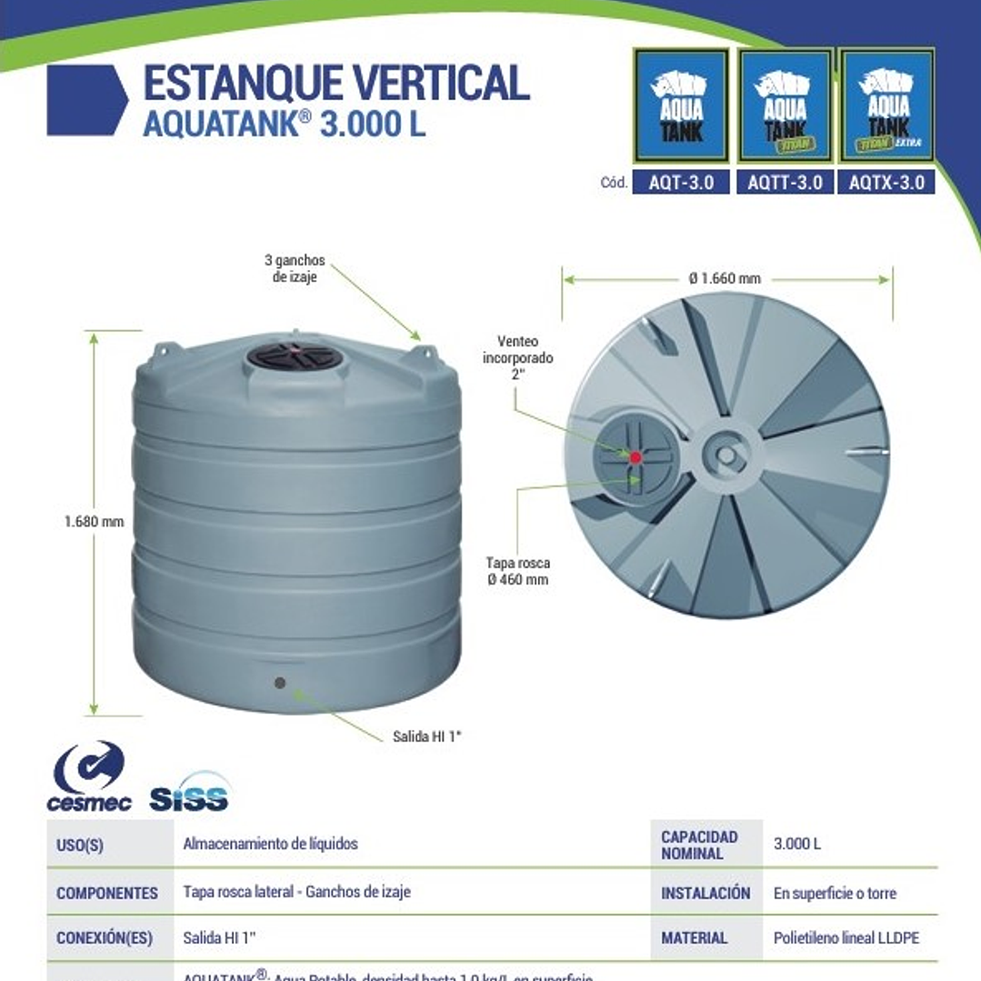 ESTANQUE VERTICAL 3000 LITROS PARA SUPERFICIE (En stock solo a Pedido ) CALIDAD TITAN LIQUIDOS 1,2G/L 1
