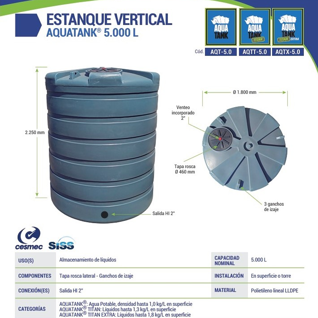 Estanque Polietileno Vertical AQUATANK® 5.000 L (SOLO A PEDIDO) CALIDAD TITAN LIQUIDOS HASTA 1,2G/L 1