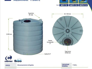 ESTANQUE POLIETILENO VERTICAL  AQUATANK® 7.500 L (EN STOCK A PEDIDO) CALIDAD TITAN LIQUIDOS HASTA 1,2G/L