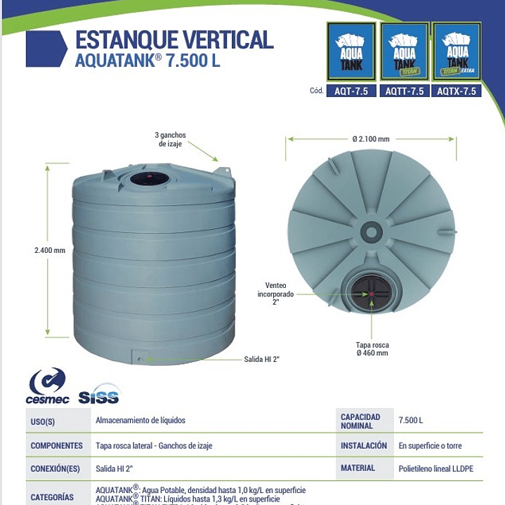 ESTANQUE POLIETILENO VERTICAL  AQUATANK® 7.500 L (EN STOCK A PEDIDO) CALIDAD TITAN LIQUIDOS HASTA 1,2G/L 1