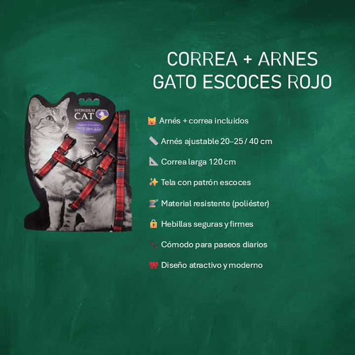 Arnés para Gatos con Correa Ajustable Escocés Rojo – Arnés de Seguridad para Paseo 2