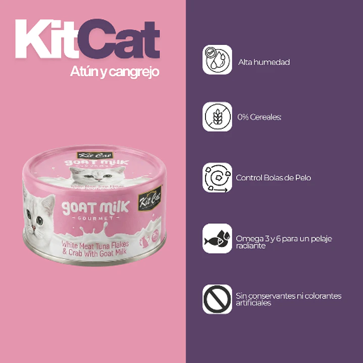 Lata Alimento Gato KitCat Leche de Cabra Atún y Cangrejo 70g 2