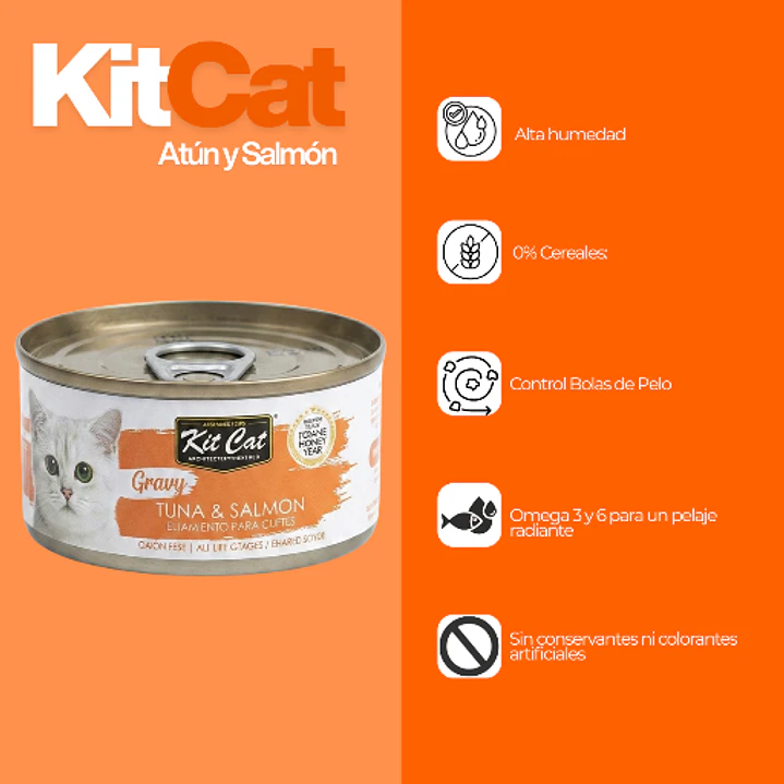 Lata Alimento Gato KitCat Atún y Salmón en Salsa 70g 2