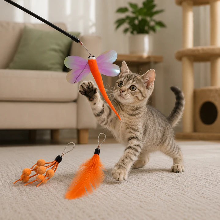 Varita 3 presas  libélula pluma y pompones juguete gato 5