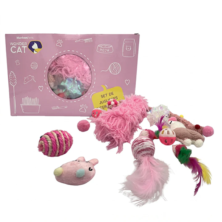 Kit de 15 Juguetes ROSADOS para Gatos - Ratones, Pelotas, Plumas y Varilla 1