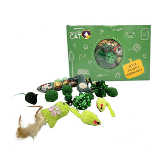 Kit de 15 Juguetes VERDES para Gatos - Ratones, Pelotas, Plumas y Varilla