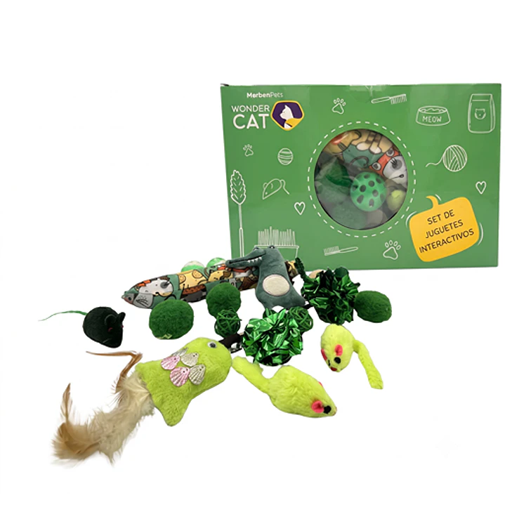 Kit de 15 Juguetes VERDES para Gatos - Ratones, Pelotas, Plumas y Varilla 1