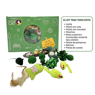 Kit de 15 Juguetes VERDES para Gatos - Ratones, Pelotas, Plumas y Varilla