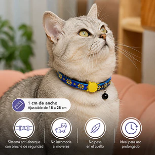 Collar para Gatos Antiahogo con Cascabel – Collar de Seguridad Ajustable Diseño Flores