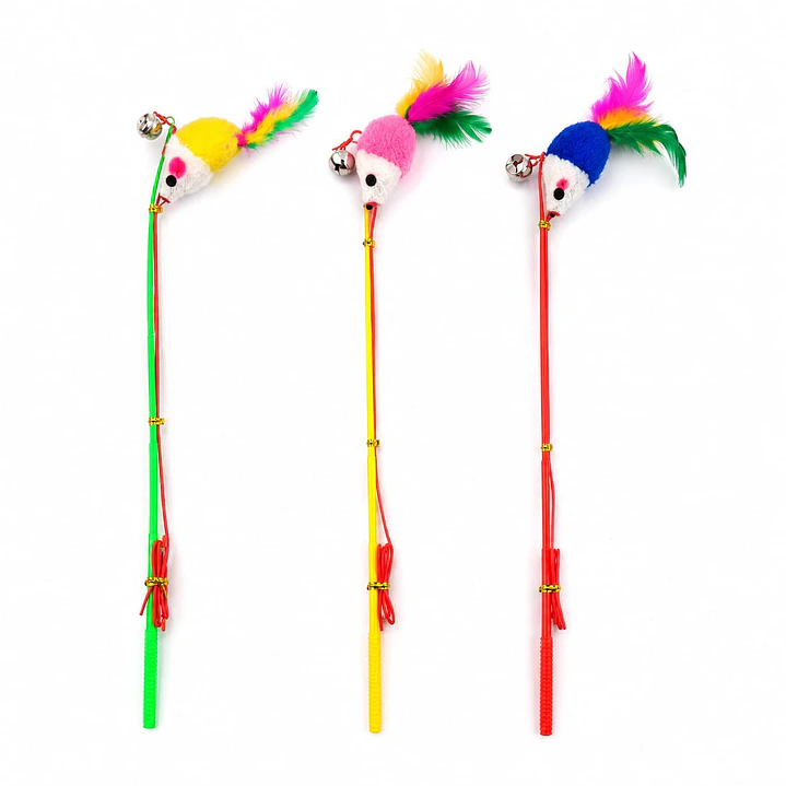 Vara juguete ratón con plumas y cascabel mix colores  1