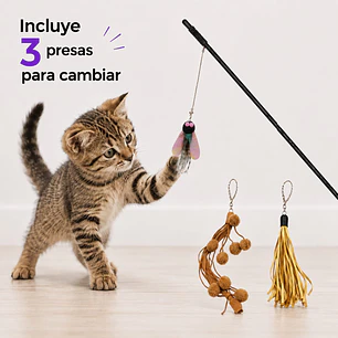 Vara 3 presas mosca, pompones y tiras juguete gato 