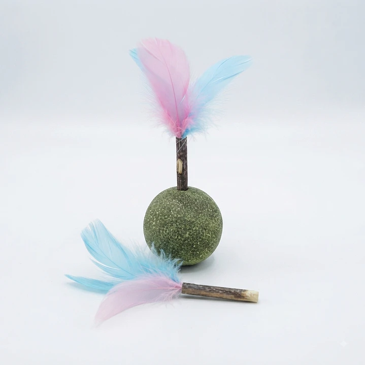 Pelota de catnip con plumas y palitos de hierba gatera  1