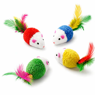 Juguetes para Gato Ratones con Plumas de Colores - Pack de 4 unidades