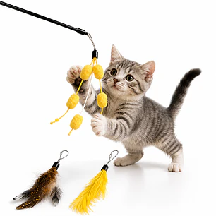Vara 3 presas intercabiables Juguete gato - Pluma Ave, Pluma y Pompones Amarillos