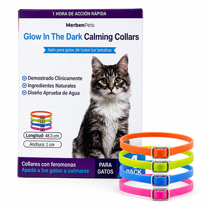 Collar Calmante con Feromonas Antiestrés - Pack 4 Unidades Brillan en la Oscuridad Marben Pets 1