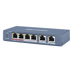 Switch Hikvision PoE+, No Administrable, 3 Puertos 10/100 Mbps 802.3 af/at (30 W) + 1 Puerto 100 Mbps Hi-PoE (60 W), 2 Puertos 10/100 Mbps Uplink, 250 Metros PoE, 60 W, Modelo: DS-3E0106HP-E