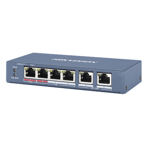 Switch Hikvision PoE+, No Administrable, 3 Puertos 10/100 Mbps 802.3 af/at (30 W) + 1 Puerto 100 Mbps Hi-PoE (60 W), 2 Puertos 10/100 Mbps Uplink, 250 Metros PoE, 60 W, Modelo: DS-3E0106HP-E