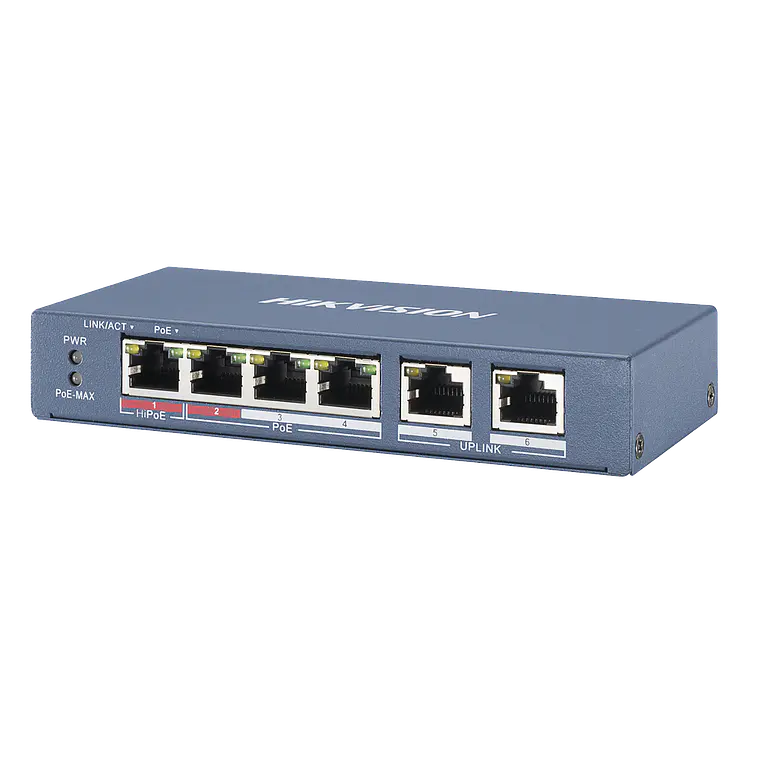 Switch Hikvision PoE+, No Administrable, 3 Puertos 10/100 Mbps 802.3 af/at (30 W) + 1 Puerto 100 Mbps Hi-PoE (60 W), 2 Puertos 10/100 Mbps Uplink, 250 Metros PoE, 60 W, Modelo: DS-3E0106HP-E 1