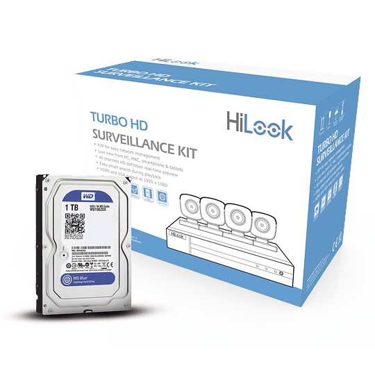 Kit HikLook TurboHD 1080p, DVR 4 Canales, 4 Camaras Bala de