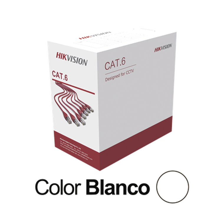 Bobina de Cable UTP Marca Hikvision 305 MTS, Cat 6 (24 AWG), Color Blanco, PVC (CM), Uso en Interior, CCA, Aplicaciones de CCTV, Modelo: DS-1LN6U-W/CCA 1
