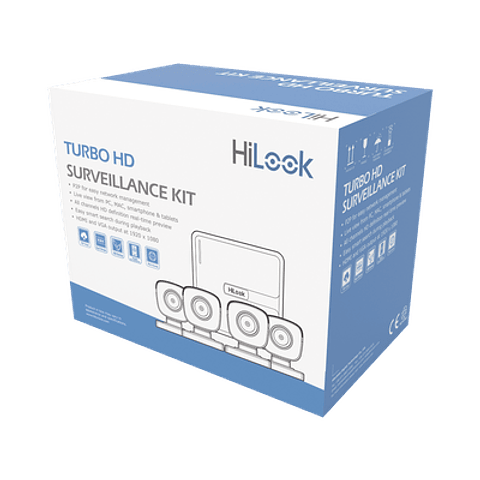 KIT HiLook TurboHD 720p, DVR 4 canales, 4 Cámaras Bala, 4 Cables 18 Mts, 1 Fuente de Poder, Modelo: KIT7204BP(C)