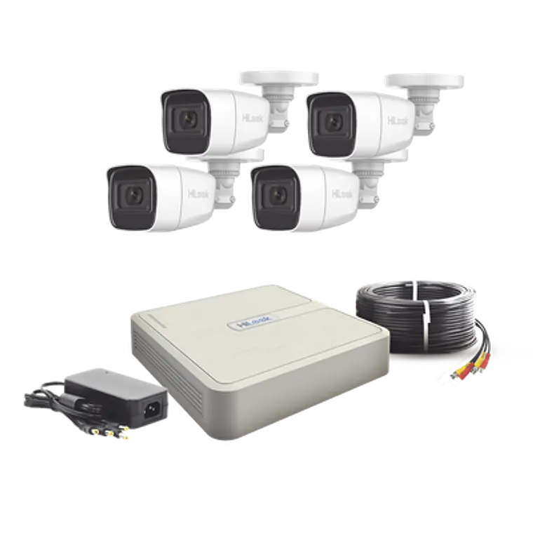 Kit HiLook TurboHD 1080p Lite, DVR 4 canales, Audio por Coaxitron, 4 Cámaras Bala de Policarbonato con Micrófono Integrado, Modelo: HL1080PS(C) 2
