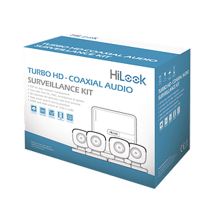 Kit HiLook TurboHD 1080p Lite, DVR 4 canales, Audio por Coaxitron, 4 Cámaras Bala de Policarbonato con Micrófono Integrado, Modelo: HL1080PS(C)