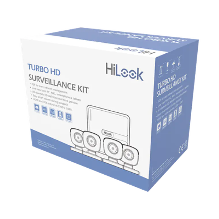 Kit HiLook TurboHD 720p, DVR 4 canales, 4 Camaras Bala de Metal, 4 Cables 18 Mts, 1 Fuente de Poder Profesional, Modelo: KIT7204BM(C) 1