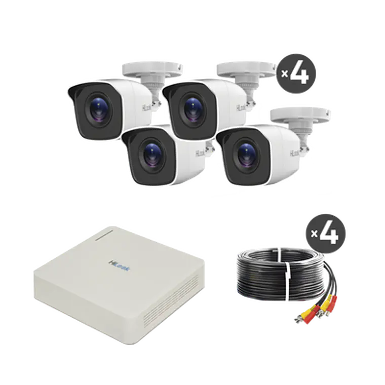 Kit HiLook TurboHD 720p, DVR 4 canales, 4 Camaras Bala de Metal, 4 Cables 18 Mts, 1 Fuente de Poder Profesional, Modelo: KIT7204BM(C) 2