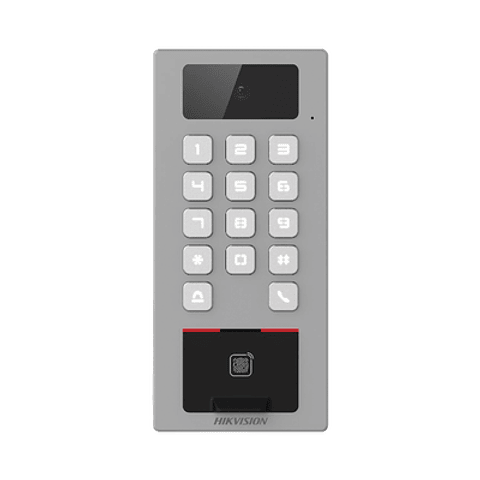 Lector Biometrico Hikvision, Teclado para Exterior, IP65, IK09, Videoportero Multiapartamento, Huella, Tarjeta, Código QR, PIN, Camara 2 MP, Modelo: DS-K1T502DBFWX-C 