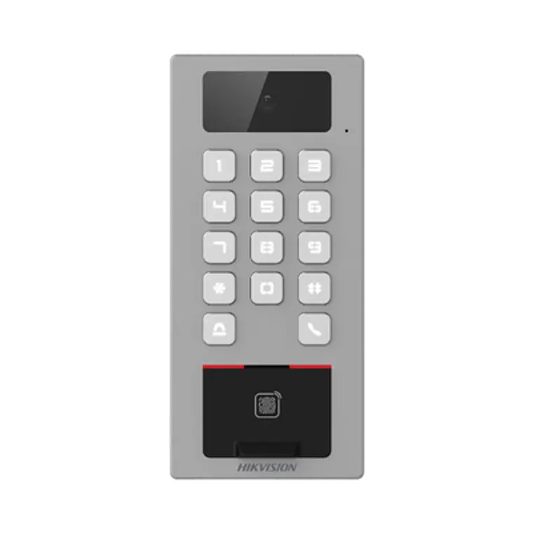 Lector Biometrico Hikvision, Teclado para Exterior, IP65, IK09, Videoportero Multiapartamento, Huella, Tarjeta, Código QR, PIN, Camara 2 MP, Modelo: DS-K1T502DBFWX-C  1