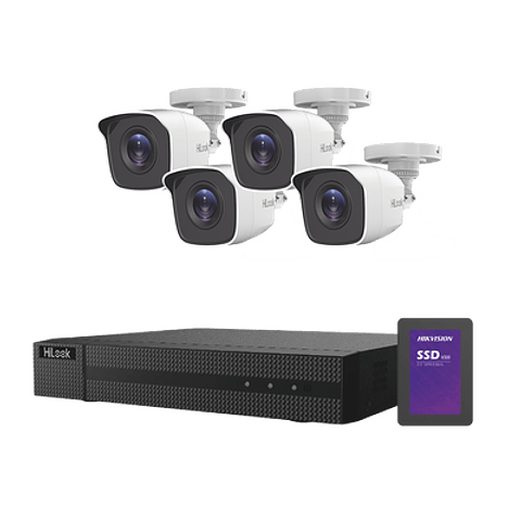 KIT Hilook TurboHD 1080p + SSD de 500 GB, DVR 4 canales, 4 Camaras Bala de Metal, Fuente de Poder, Accesorios de Instalacion, Modelo: HL24LQKITS-M(B)/512GB