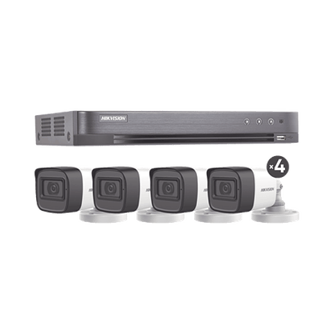 KIT Hikvision TURBOHD 5 Megapixeles, DVR 4 Canales, 4 Camaras Bala con Microfono Integrado 2.8 mm, Fuente de Poder, Accesorios de Instalacion, Modelo: HIK5MPSLQ-KIT(B)