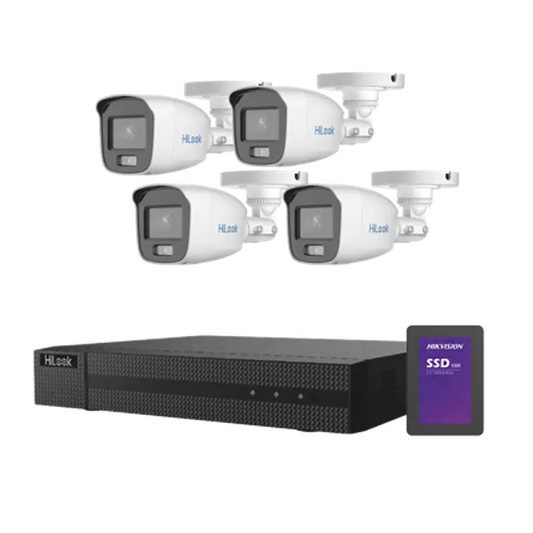 Kit Hilook TurboHD 1080p + SSD 500 GB, DVR 4 Canales, 4 Camaras Bala ColorVu con Microfono Integrado, Fuente de Poder, Accesorios de Instalacion, Modelo: HL-1080-CV/A/512GB 1