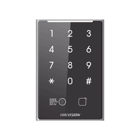 Lector de Tarjetas Hikvision PROX EM y de Codigos QR, Teclado para Contraseña, Comunicacion RS485 y WIEGAND, Modelo: DS-K1109EKB-QR