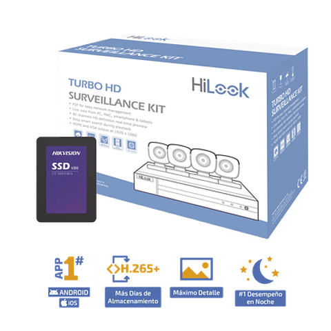 KIT Hilook TurboHD 1080p + SSD de 1 TB, DVR 4 canales, 4 Camaras Bala de Metal, Fuente de Poder, Accesorios de Instalacion, Modelo: HL24LQKITS-M(B)/1TB